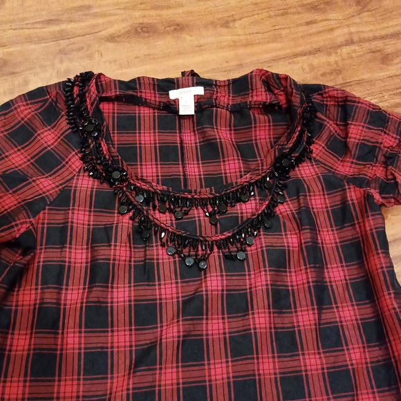 J. Crew Red and Black Plaid Eliza Blouse with Beaded Collar, 2 - Picture 4 of 8